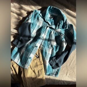 DKNY Blue and White Plaid Shirt with Khaki Pants